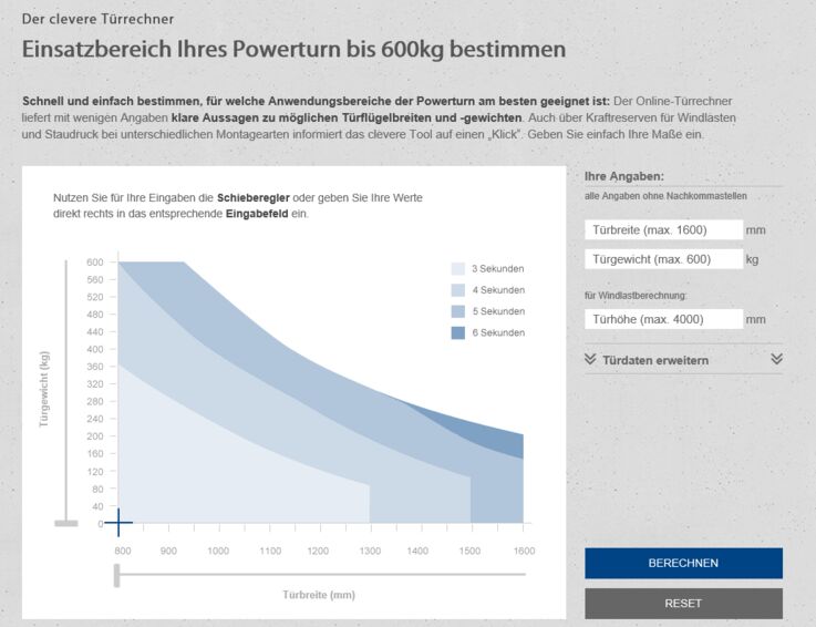 Pré-visualização da ferramenta de cálculo GEZE-Powerturn
