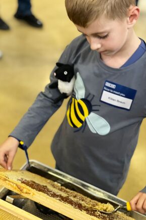 Kind beim GEZE Honigschleuder-Event  erntet Honig 