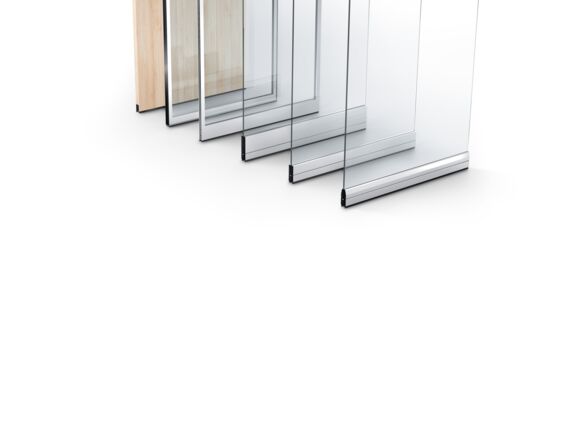 Different designs of the GEZE MSW leaf variants, from the right: MSW Classicline, Pureline, Protectline, fine-framed, integrated all-glass systems and leaves on site.