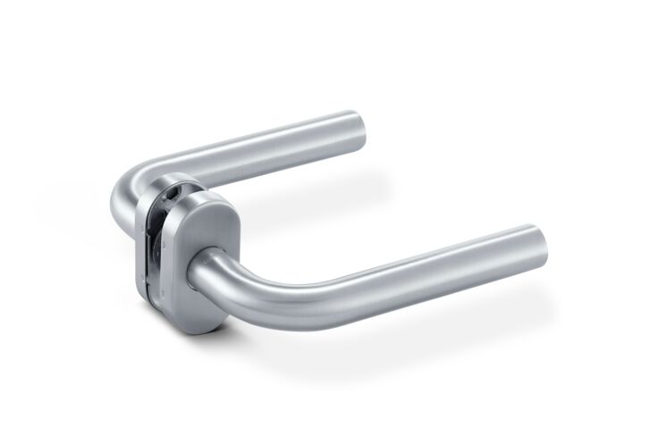 GEZE Handle LH 102 oval Stainless steel 304 tubular lever handle rounded L-shape with oval rose (Set)   
with spindle, escutcheon (oval) for euro profile cylinder and mounting accessories