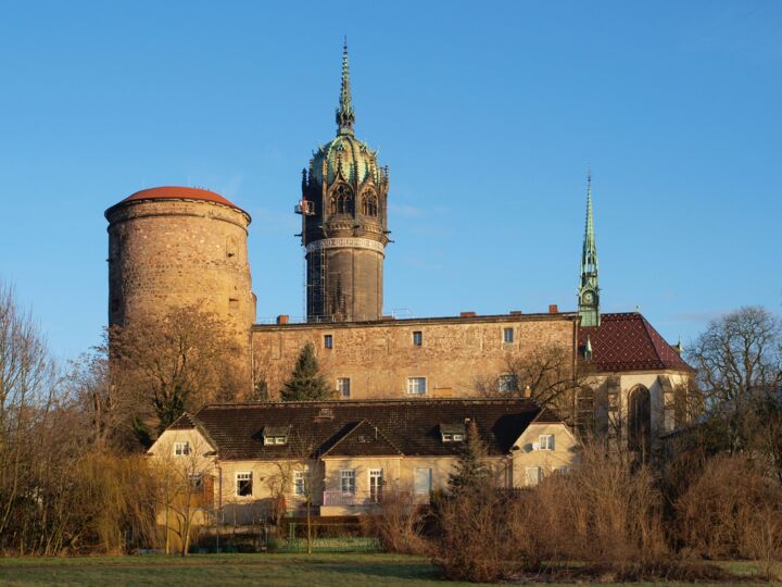Outside view of the Palace Church of all Saints in Wittenberg with tower.