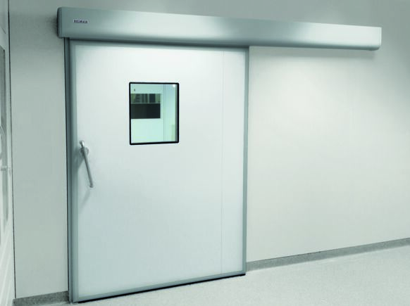 Solu ie ac ionare GEZE kit Powerdrive PL-HT într-un spital Sistem de u   glisant  liniar  automat pentru u i grele mari în zonele cu cerin e de igien  ridicate
