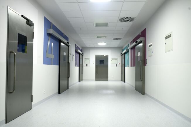 Hygienic doors at the Children's Memorial Health Institute Operating room doors in the corridor of the Children's memorial Health Institute in Warsaw, Poland. Hygienic doors, doorway, window and healthcare safety technology, for hospitals.
