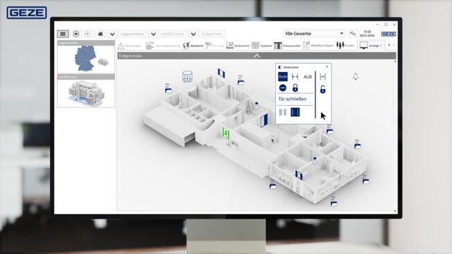 Visualisierung myGEZE Visu Oberfläche Bedienpanel und Liegenschaften In myGEZE Visu lässt sich der Status aller vernetzter Türen und Fenster einsehen und bewusst eingreifen.