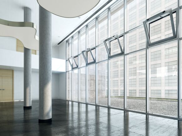 Chain drive Slimchain, installed in an office building Smoke and heat extraction system and natural ventilation (24 V) in the façade area  
Can be used in the exhaust and fresh air system